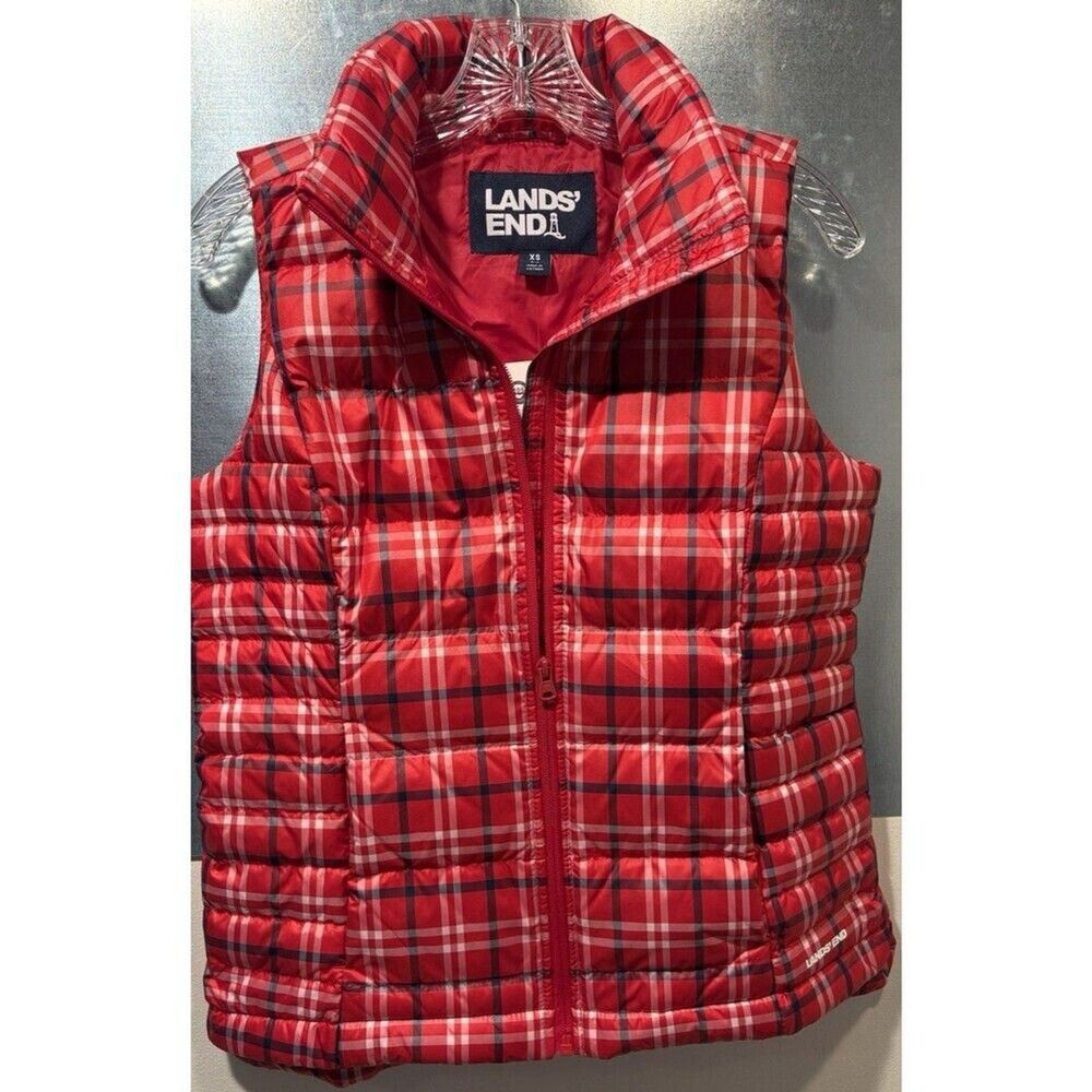 Down Puffer Barn Vest Lands' End 80/20 600 Fill Red Plaid Mock Neck XS 2-4 NewWT